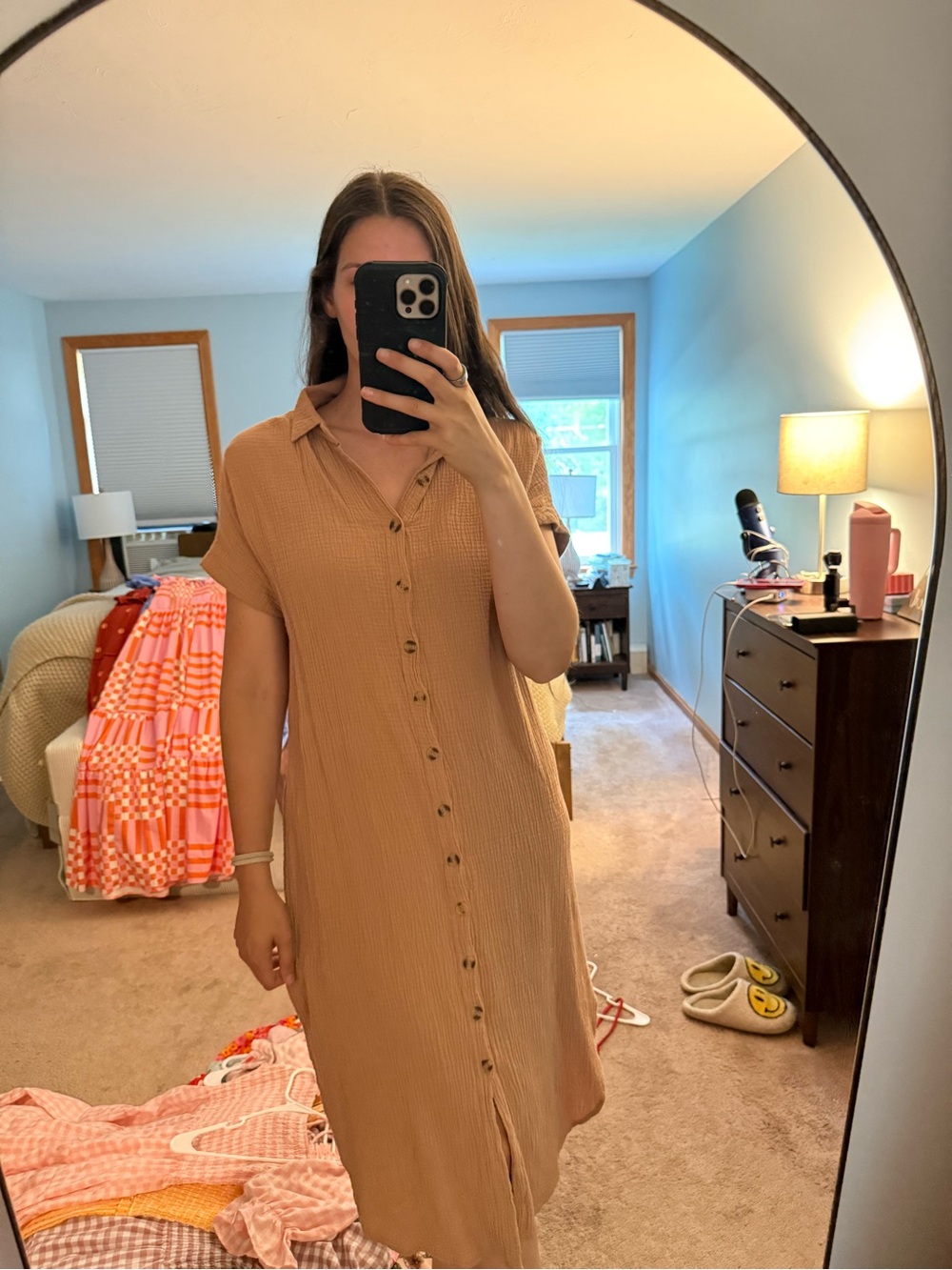 Amazon Tan Button-Front Midi Shirt Dress